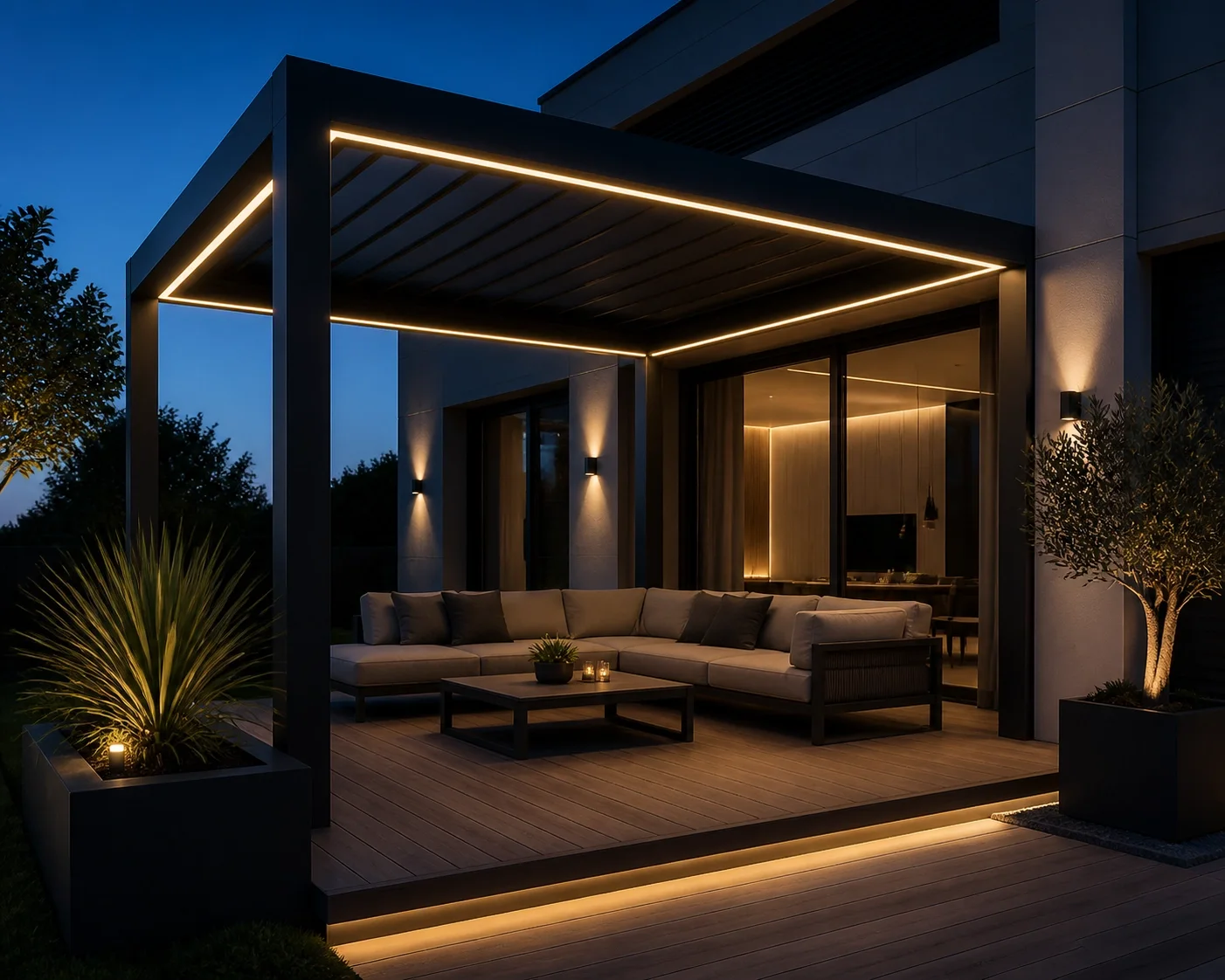 Luxuriöse Pergola in Wien mit integrierter LED-Beleuchtung für gemütliche Abende auf der Terrasse.