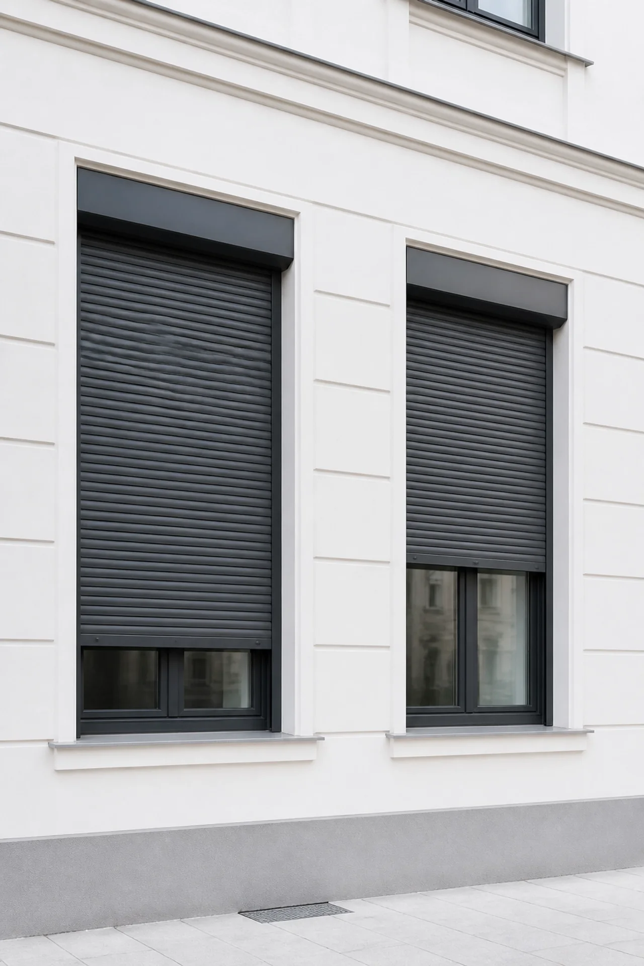 Moderne Wiener Hausfassade mit fachgerecht installierten Rollläden für Sonnenschutz.