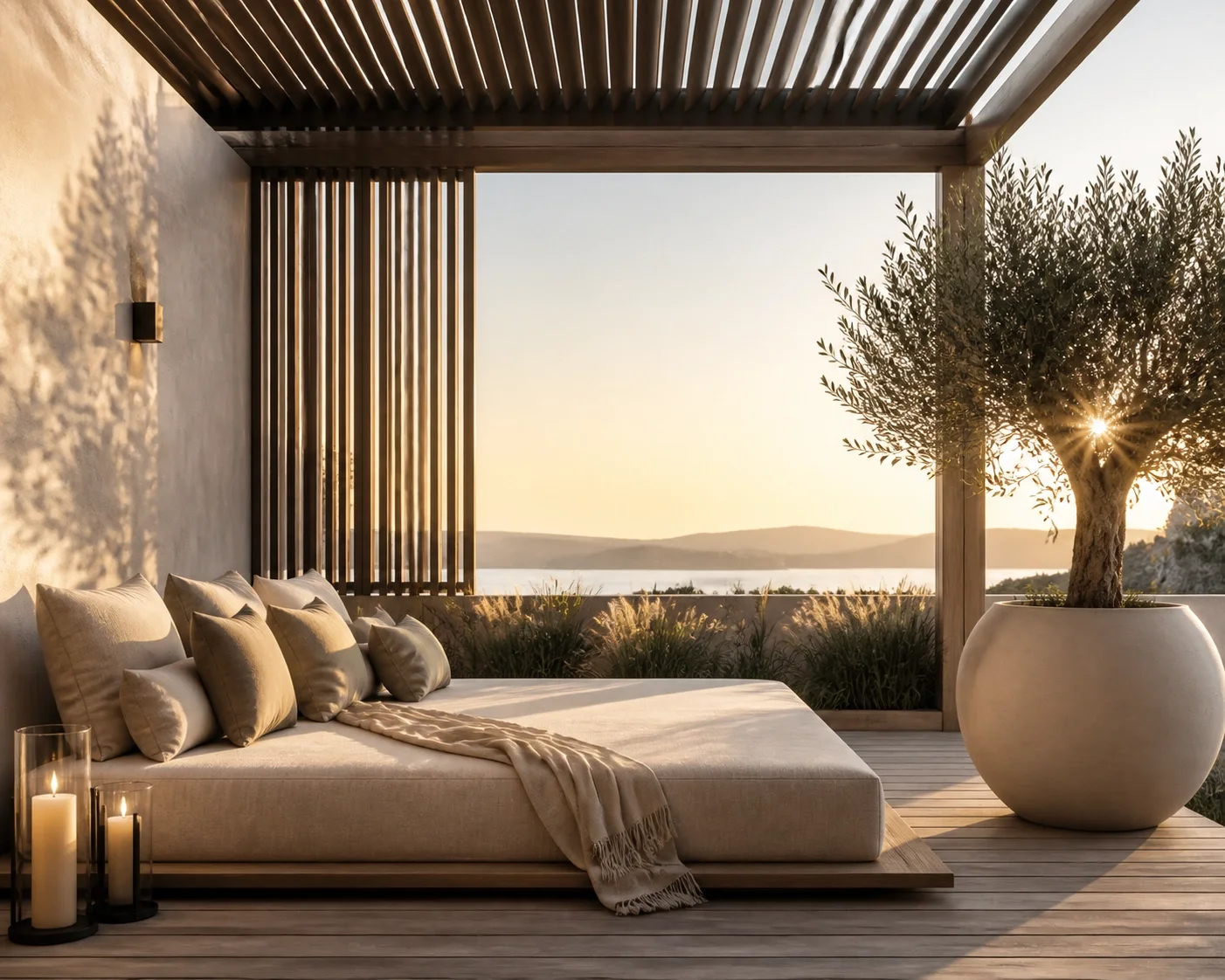 Exklusive Pergola in Wien mit gemütlichem Outdoor-Daybed auf einer Holzterrasse zur Entspannung.