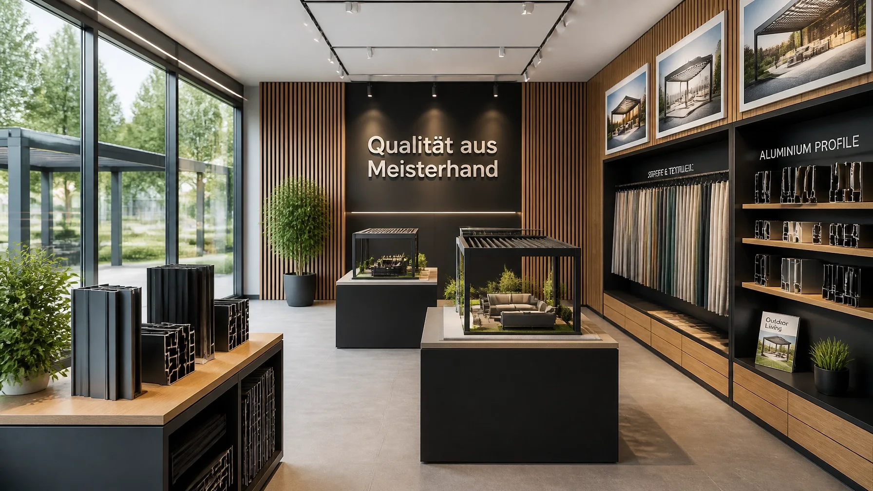 Showroom für hochwertige Outdoor-Lösungen mit Materialproben und Modellen