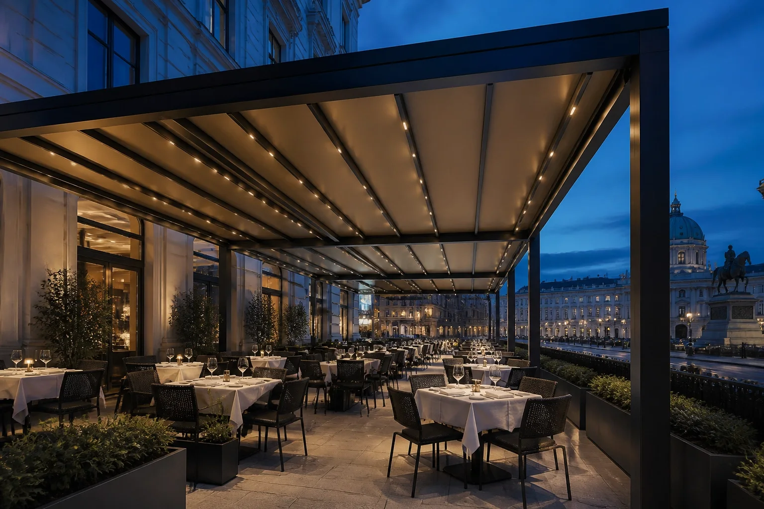 Wetterfeste Pergola mit LED-Beleuchtung für die Gastronomie in Wien bei Abenddämmerung.