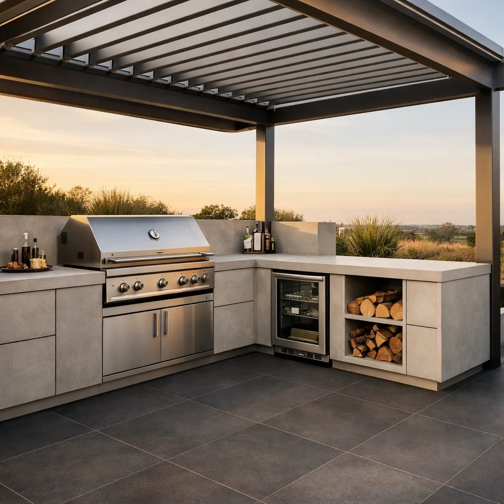 Moderne Outdoor-Küche unter Pergola-Überdachung mit Edelstahlgrill