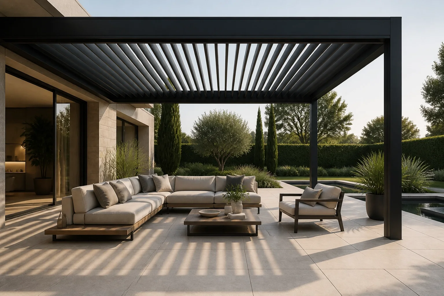 Elegantes Lamellendach auf einer modernen Terrasse für funktionalen Sonnenschutz in Wien.