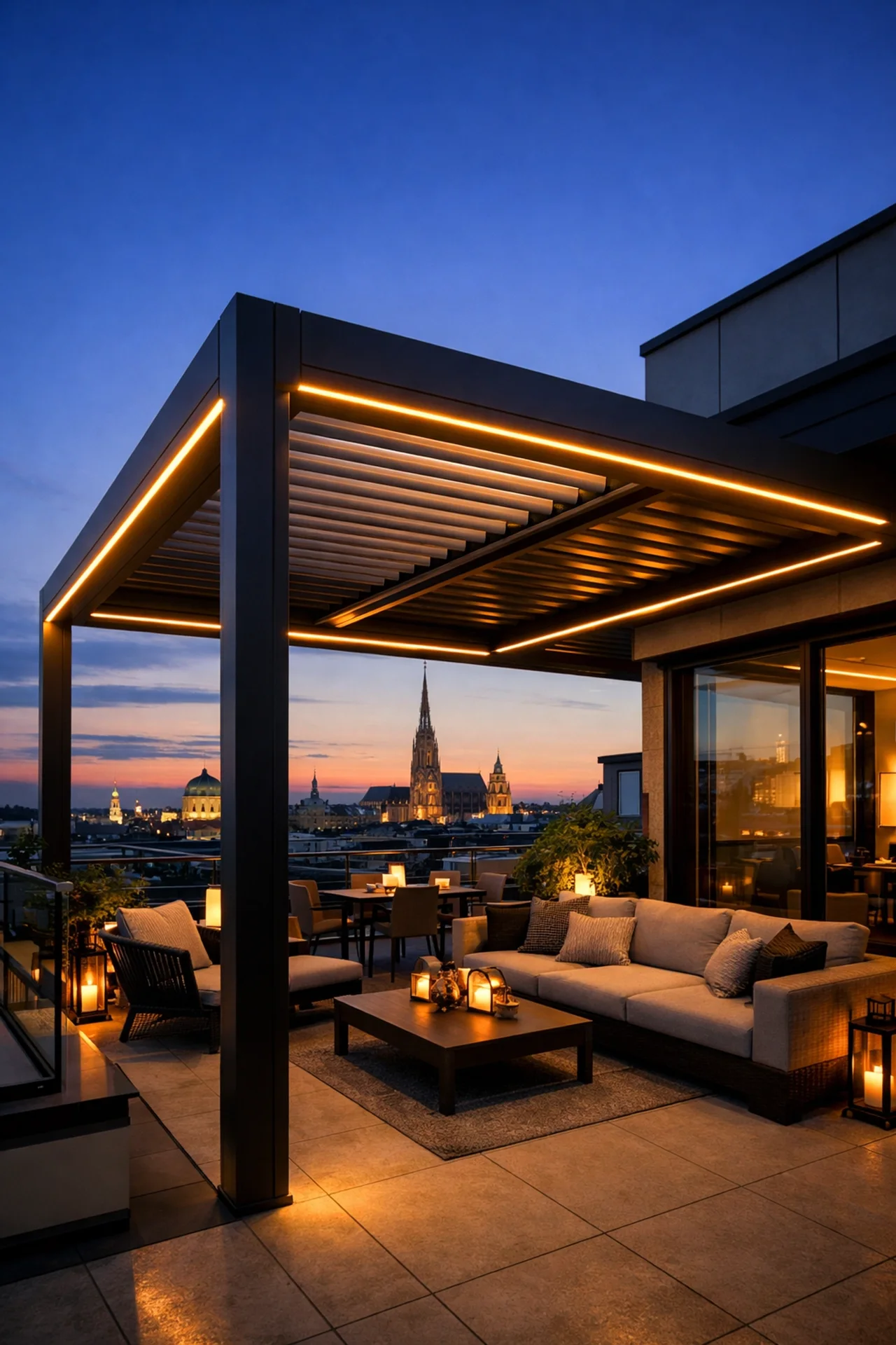 Lamellendach Wien mit integrierter LED-Beleuchtung auf moderner Terrasse