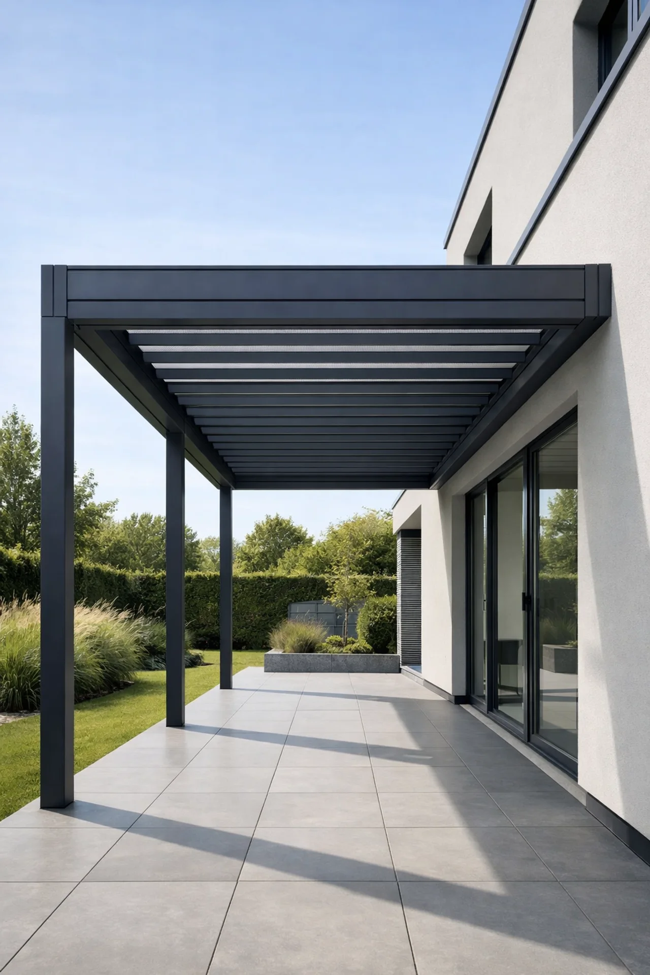 Moderne anthrazitfarbene Terrassenüberdachung aus Aluminium an einem Wiener Wohnhaus.