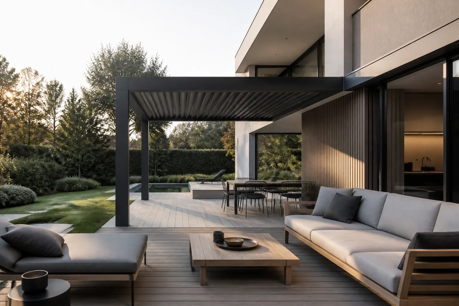 Moderne anthrazitfarbene Terrassenüberdachung in Wien an einer minimalistischen Villa.