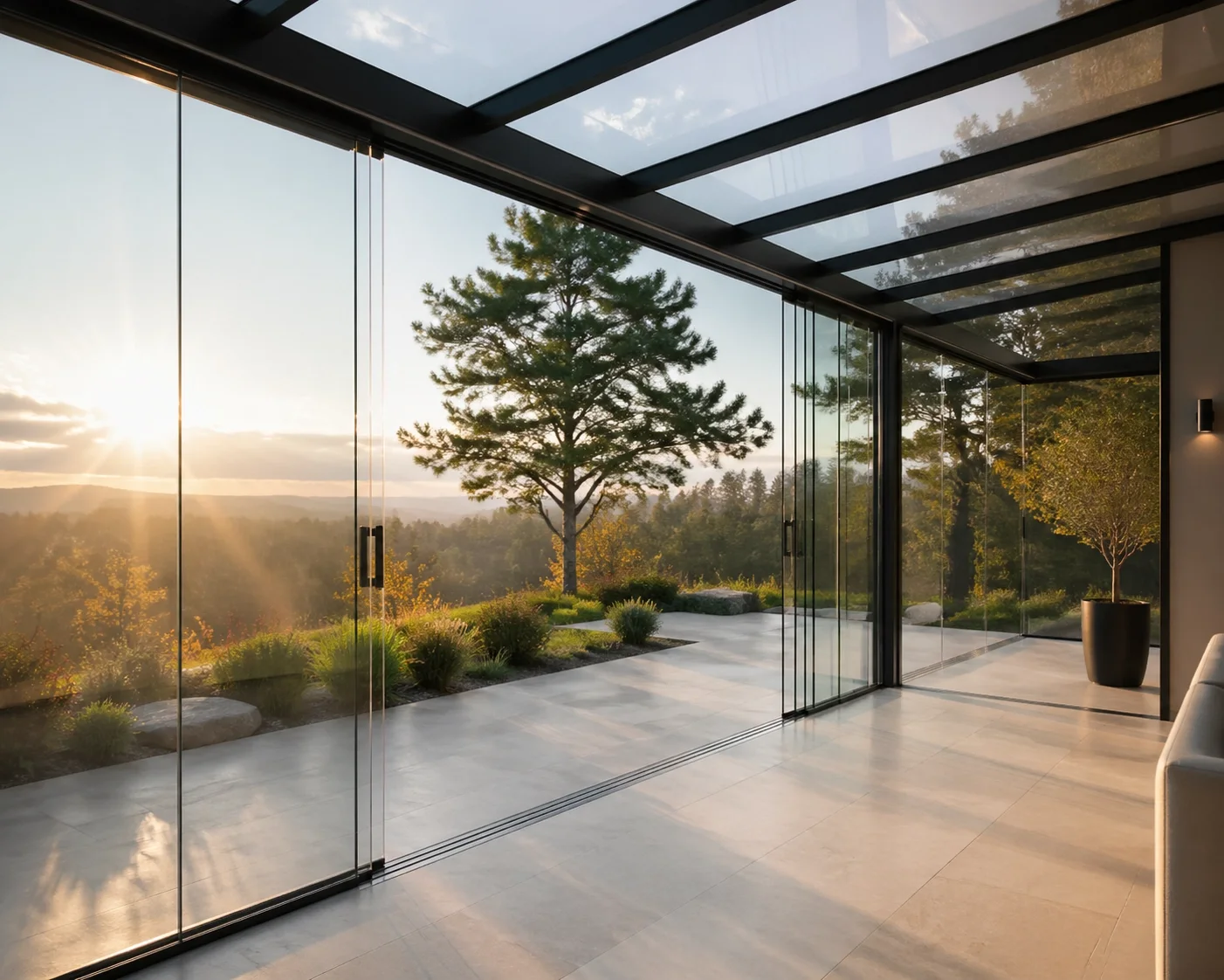 Exklusive Terrassenüberdachung in Wien als Kaltwintergarten mit rahmenlosen Glasschiebeelementen.