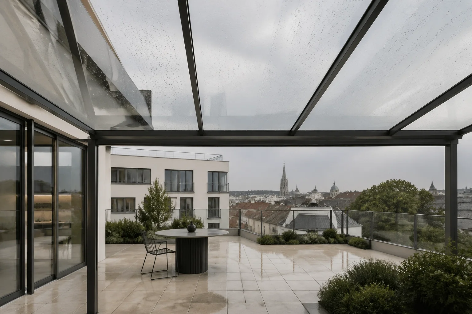 Transparente Terrassenüberdachung aus Glas für modernes Design in Wien.