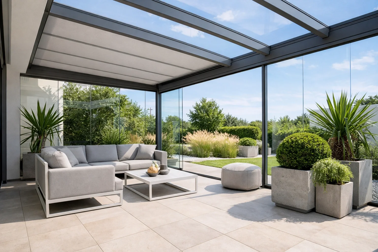 Exklusive Terrassenüberdachung Wien mit Glasdach und ausfahrbarer Markise.