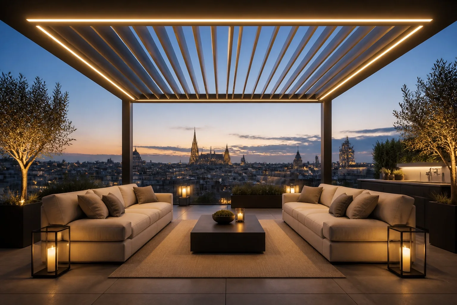 Exklusives Lamellendach in Wien mit LED-Beleuchtung auf einer modernen Dachterrasse bei Nacht.