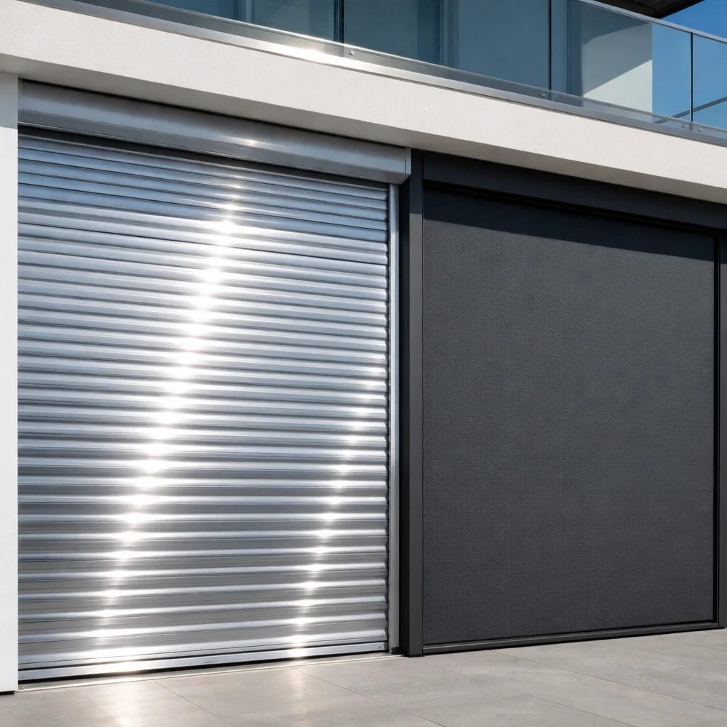 Sonnenschutz in Wien: Vergleich zwischen Rollladen und windstabilem Zip Screen an einer Fassade.