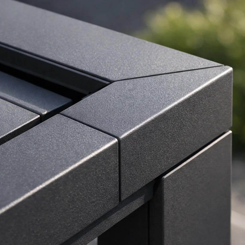 Präzise gefertigte Terrassenüberdachung aus Aluminium mit integrierter Entwässerung im Detail.