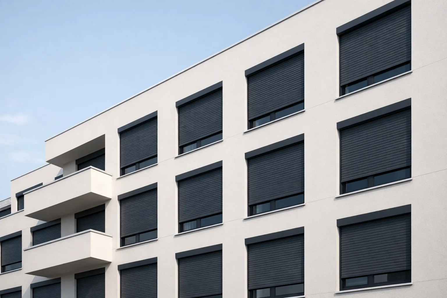 Minimalistische Gebäude-Fassade mit hochwertigen anthrazitfarbenen Rollläden für modernen Wohnkomfort.