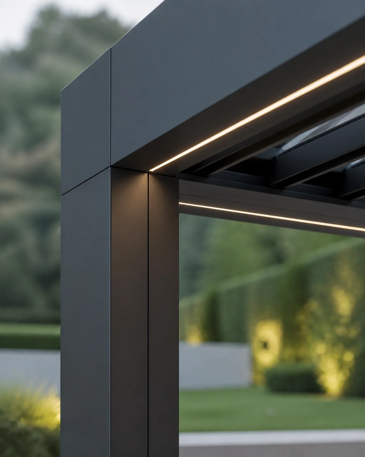 Detailaufnahme einer Aluminium-Pergola mit integrierter LED-Beleuchtung