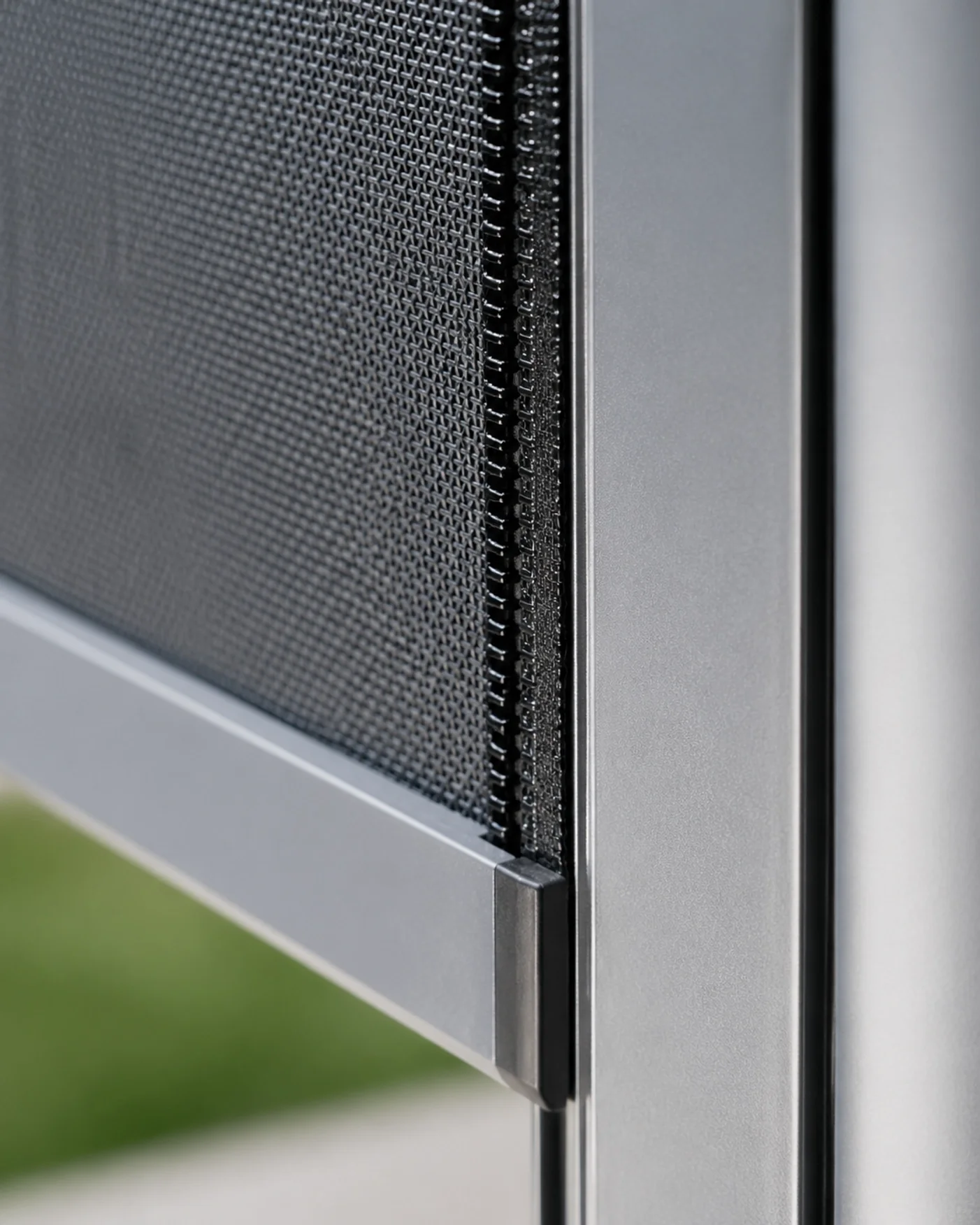 Detailansicht der Zip-Screen-Technik mit seitlicher Führungsschiene für Windstabilität.
