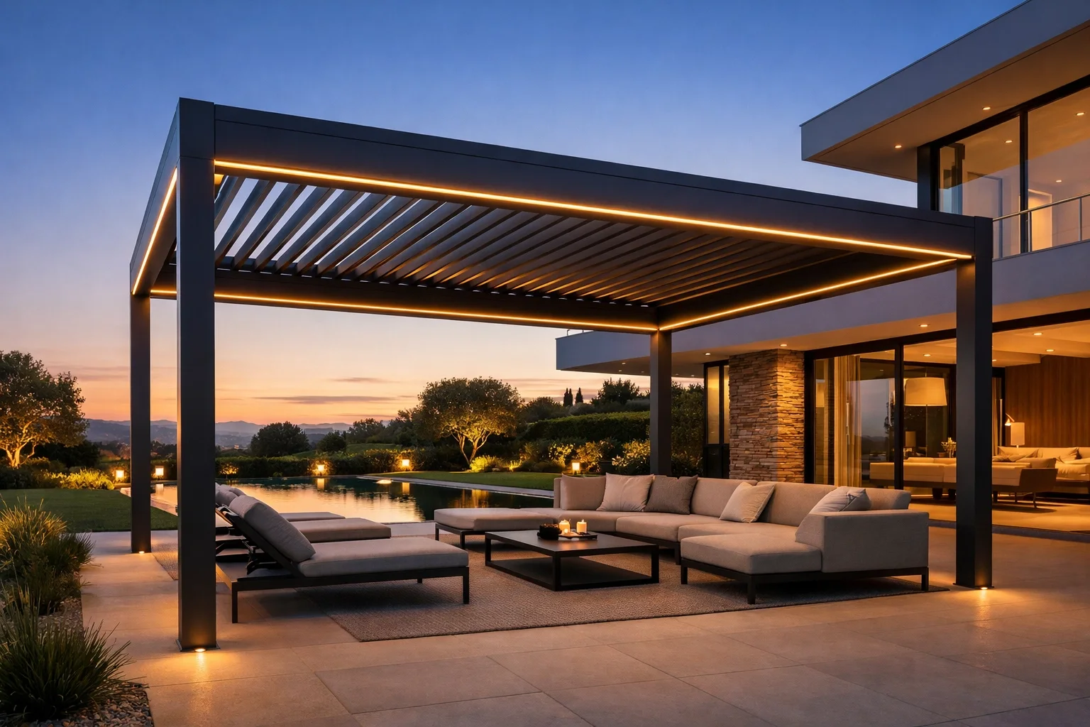 Moderne Terrassenüberdachung mit integrierter LED-Beleuchtung für exklusives Outdoor Living am Abend.