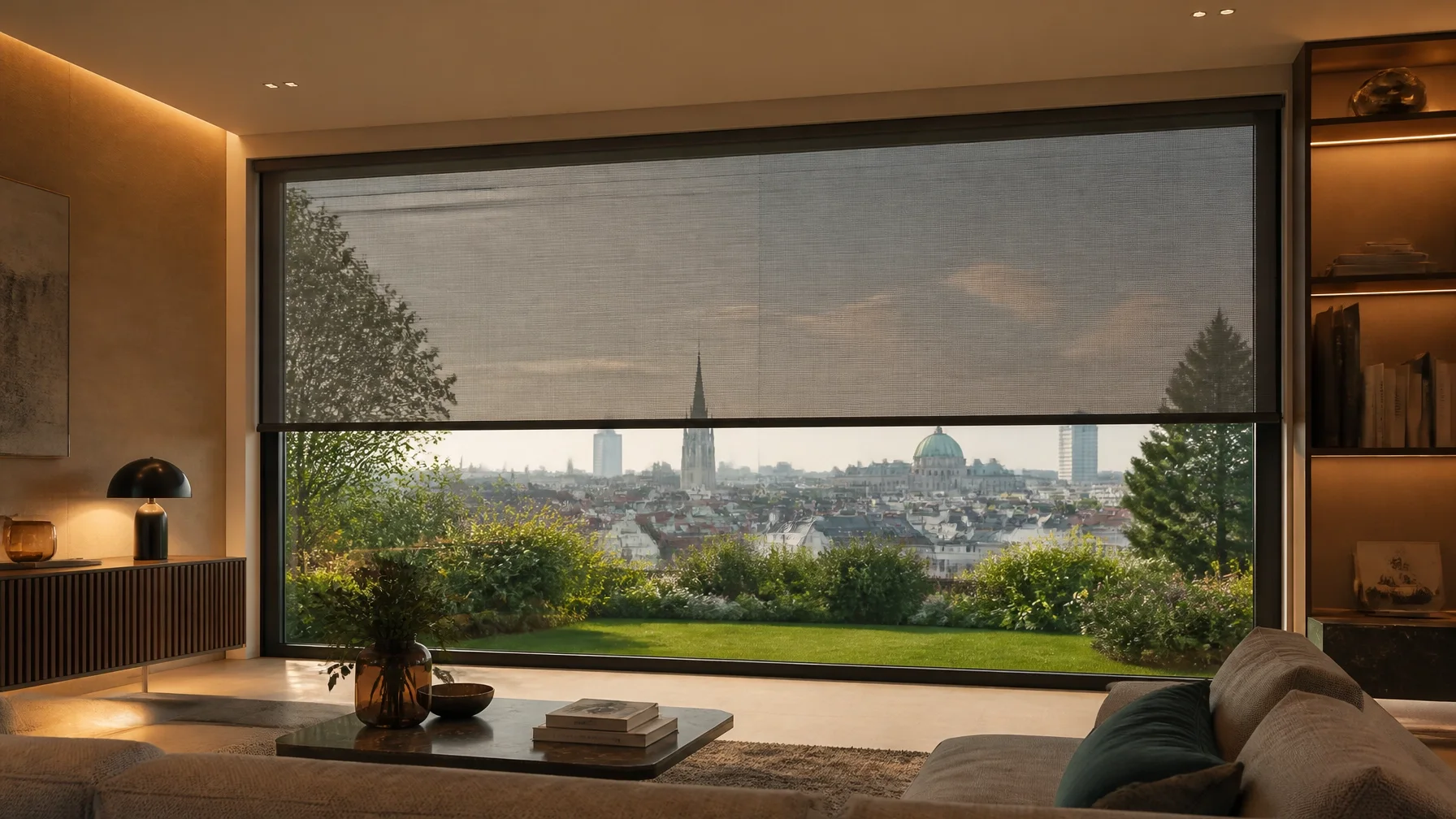 Blick von innen durch einen Zip Screen: Hitzeschutz bei vollem Ausblick