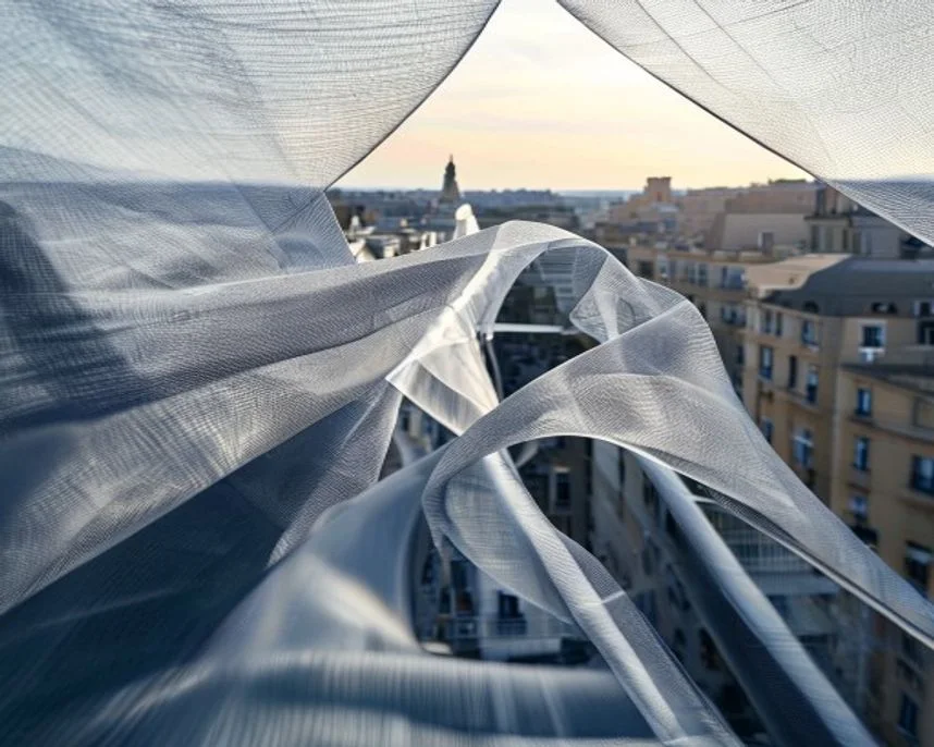 Nahaufnahme eines hochwertigen Zip-Screen-Gewebes mit Blick von innen nach außen, man sieht die feine Struktur des Stoffes und die klare Sicht auf die Stadt im Hintergrund