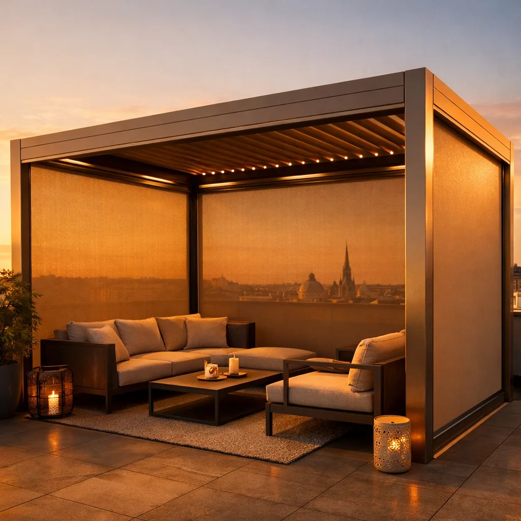 Windstabile Pergola mit Zip Screens auf einer Wiener Dachterrasse statt klassischer Markise Wien.