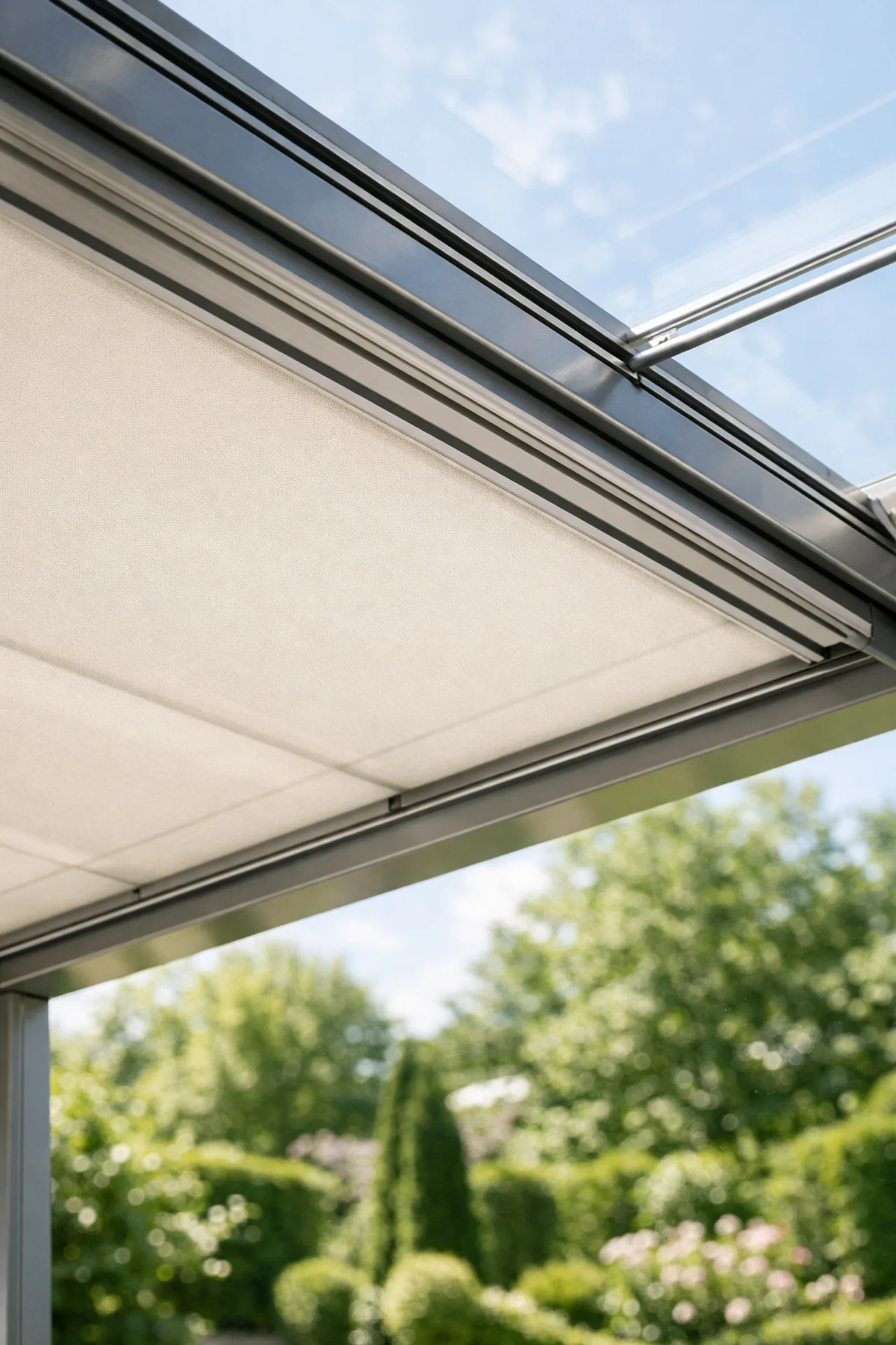Terrassenüberdachung aus Glas mit untergesetzter Pergolamarkise für exklusive Gärten in Wien.
