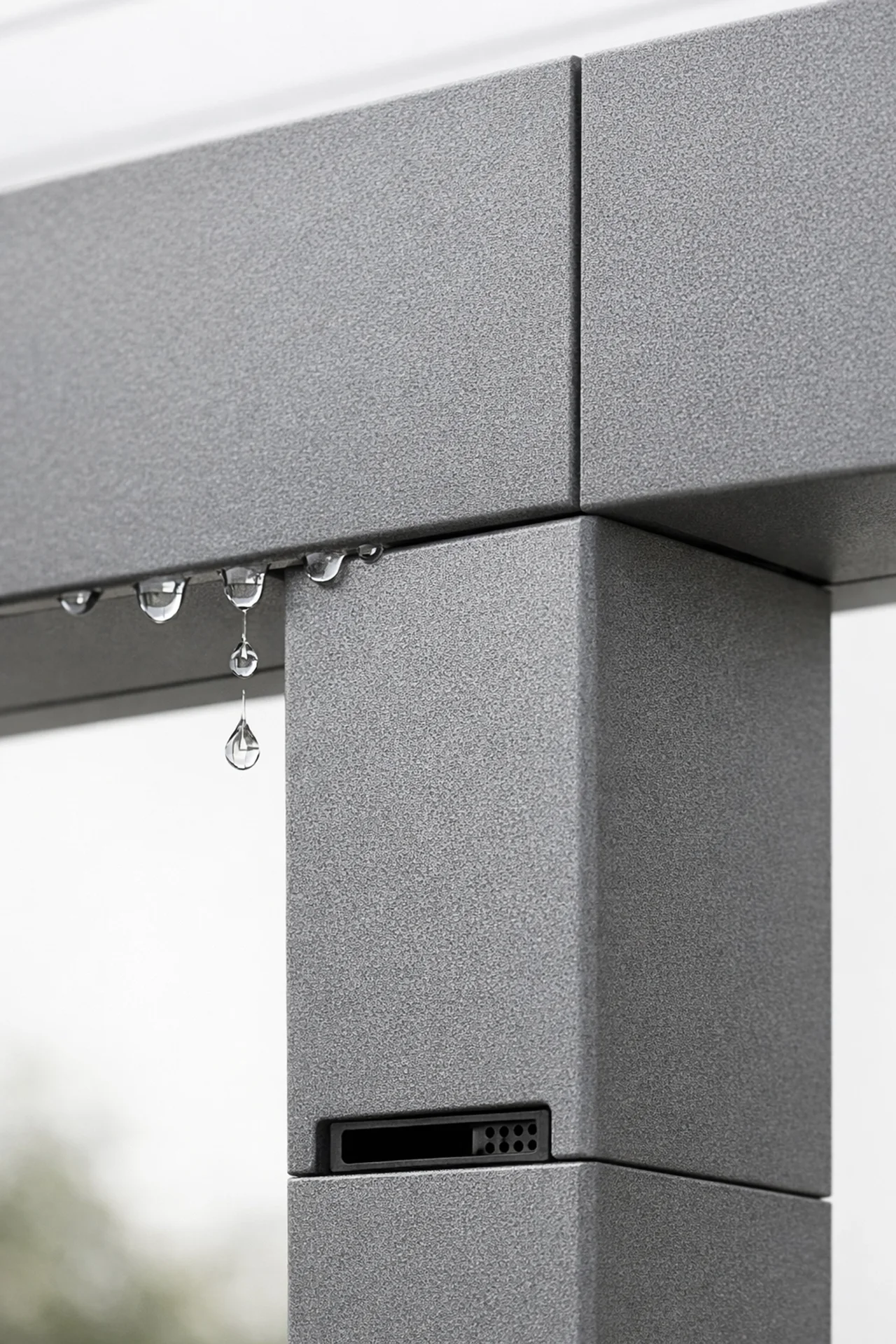 Präzises Aluminium-Profil einer Pergola mit integriertem Entwässerungssystem für lange Haltbarkeit.