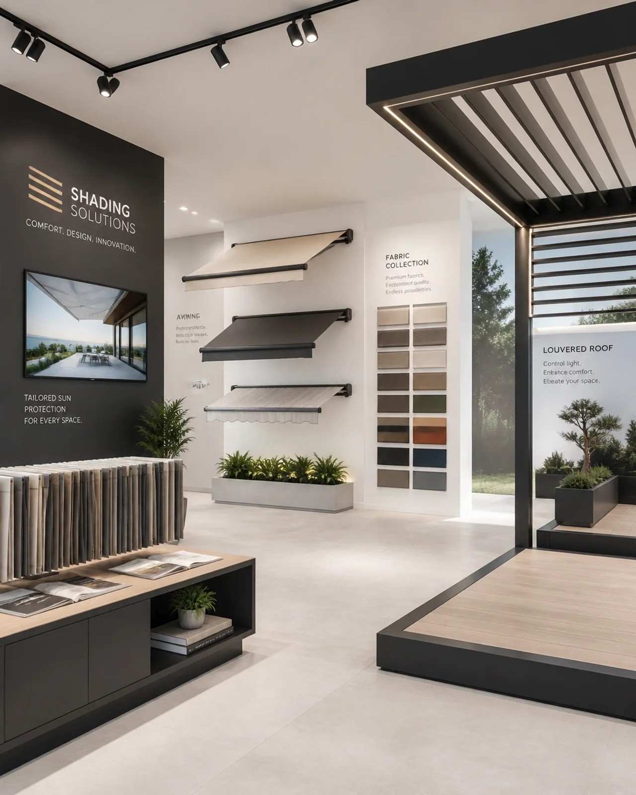 Moderner Showroom für Sonnenschutztechnik mit verschiedenen Ausstellungsstücken