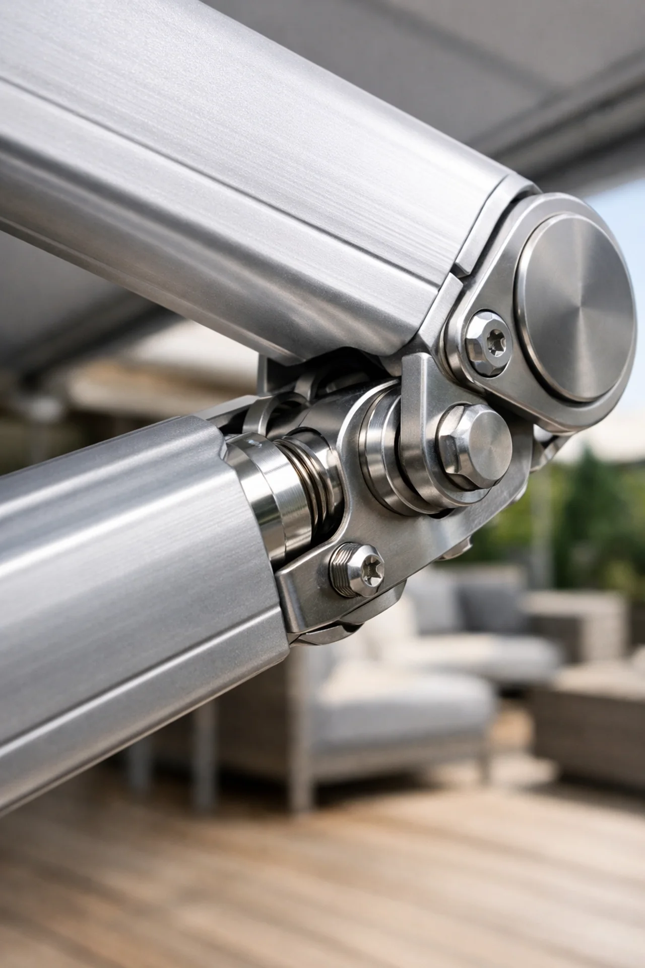 Detailaufnahme der robusten Aluminium-Gelenkarme einer hochwertigen Gelenkarmmarkise.