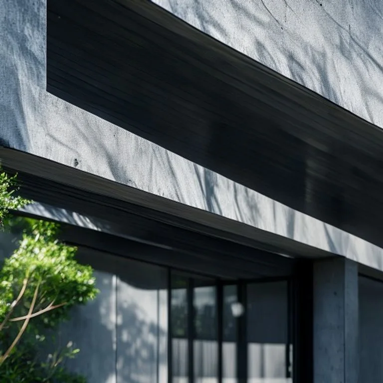 Detailaufnahme von anthrazitfarbenen Aluminium-Lamellen eines modernen Terrassendachs. Die Lamellen sind leicht schräg gestellt, um das Sonnenlicht zu brechen. Minimalistisches Design, Fokus auf Technik und Material.