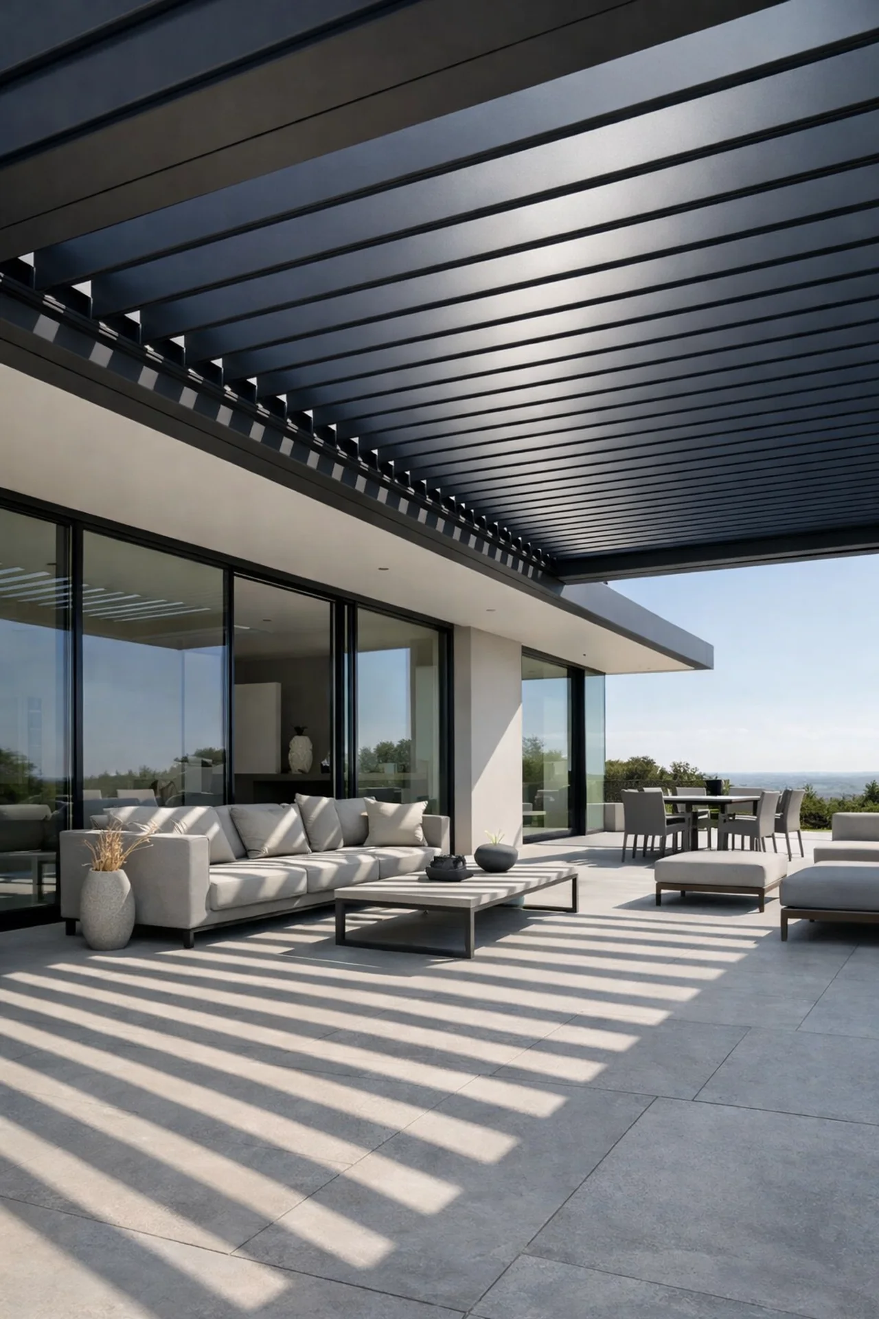 Modernes bioklimatisches Lamellendach in Anthrazit für exklusives Terrassendesign in Wien.