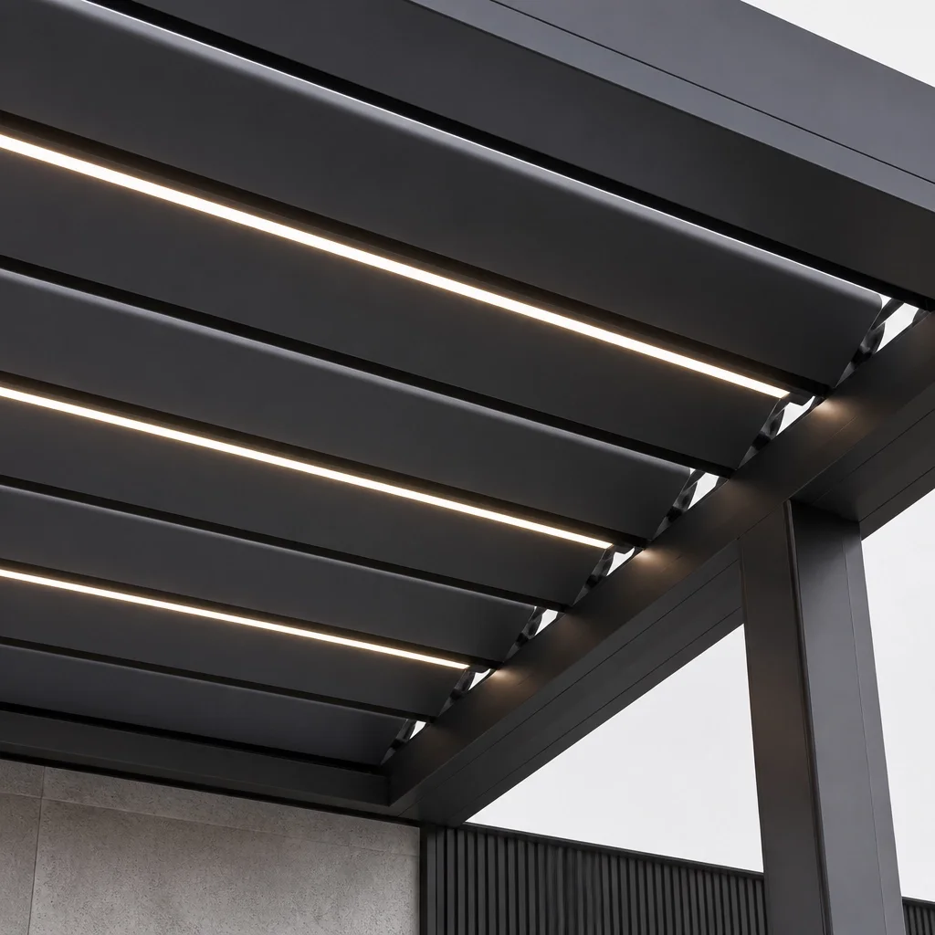 Detailaufnahme eines bioklimatischen Lamellendachs mit integrierter LED-Beleuchtung