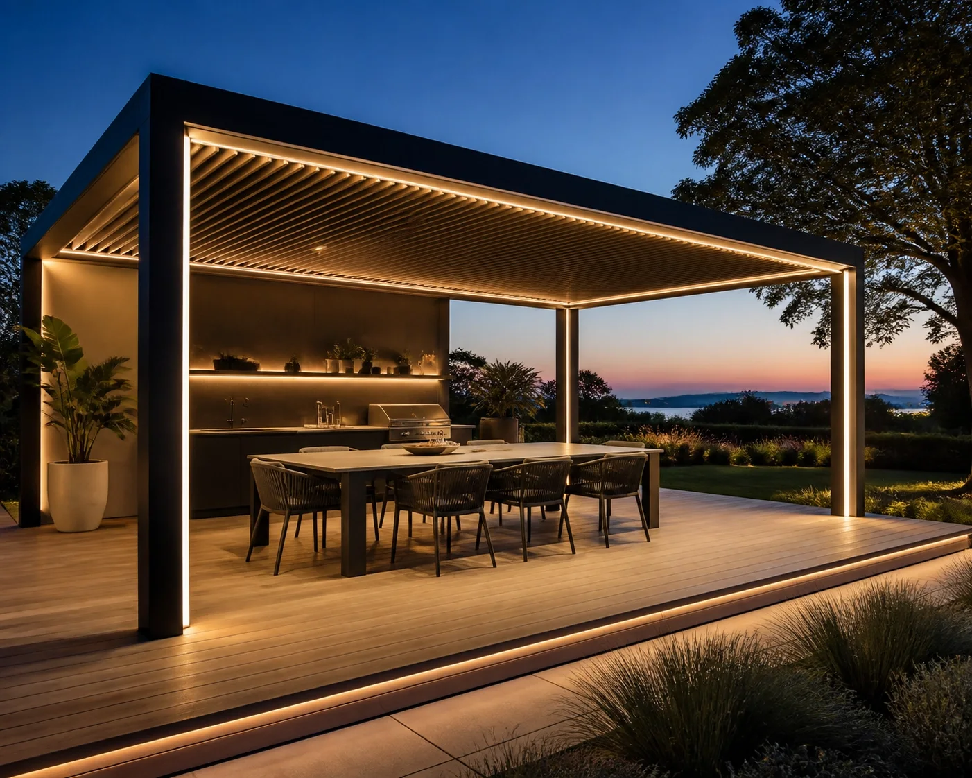 Beleuchtete Pergola Wien als luxuriöses Outdoor-Wohnzimmer mit modernem Essbereich bei Dämmerung.