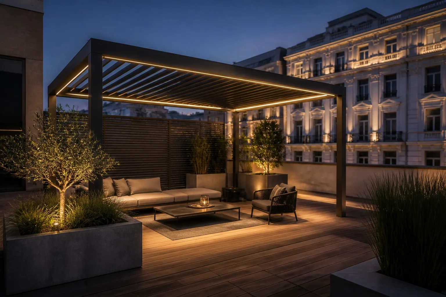 Freistehendes Lamellendach mit LED-Beleuchtung für eine exklusive Terrassengestaltung in Wien.