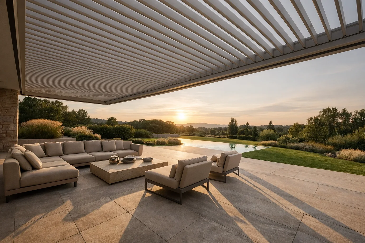 Großzügige Terrassenüberdachung mit weitem Lamellendach ohne störende Pfosten über einer Lounge in Wien.