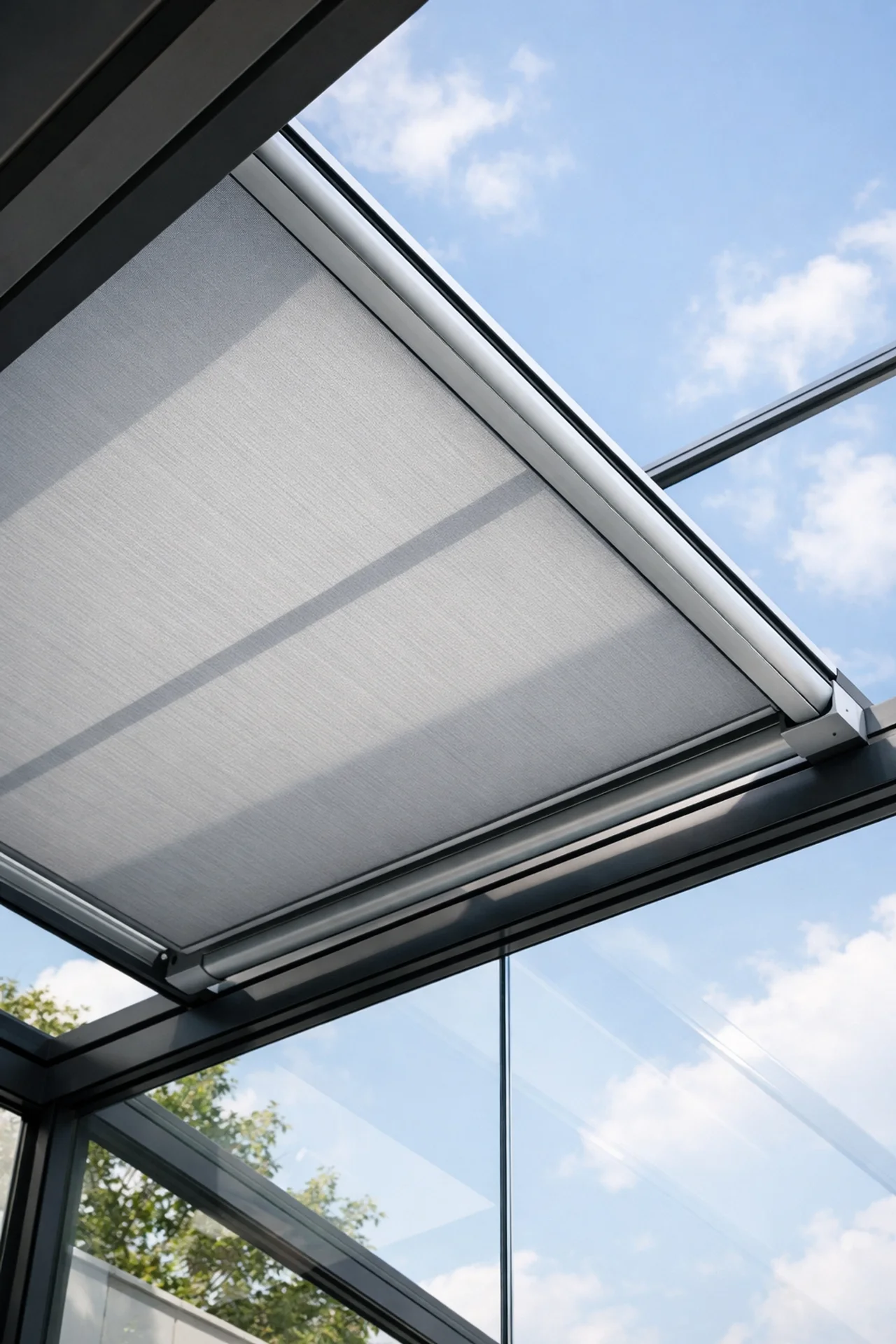 Elektrische Aufglasmarkise auf einer Terrassenüberdachung aus Glas für effizienten Hitzeschutz.