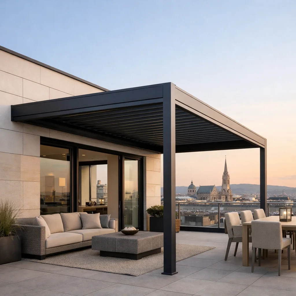 Moderne Terrassenüberdachung in Wien aus anthrazitfarbenem Aluminium auf einer Dachterrasse.