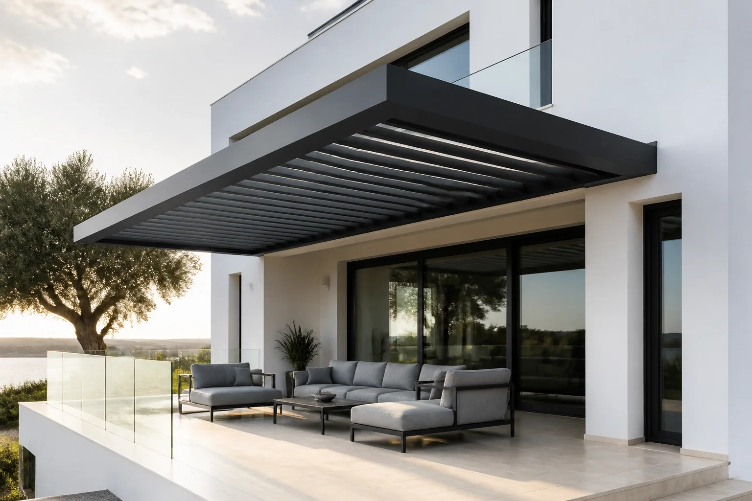 Schwebende Pergola Wien: Modernes Design ohne Frontpfosten an einer minimalistischen Fassade.