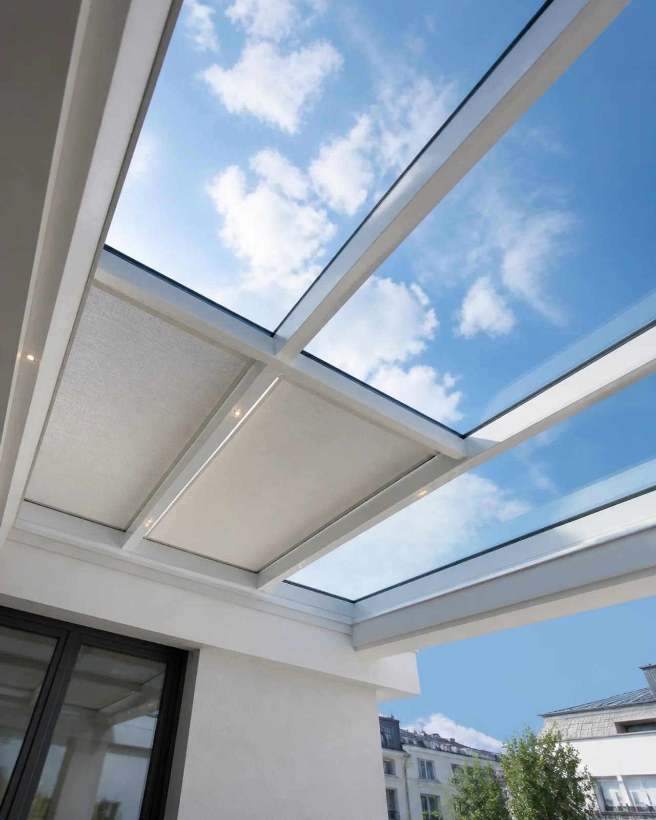 Modernes Glasdach mit integrierter Markise