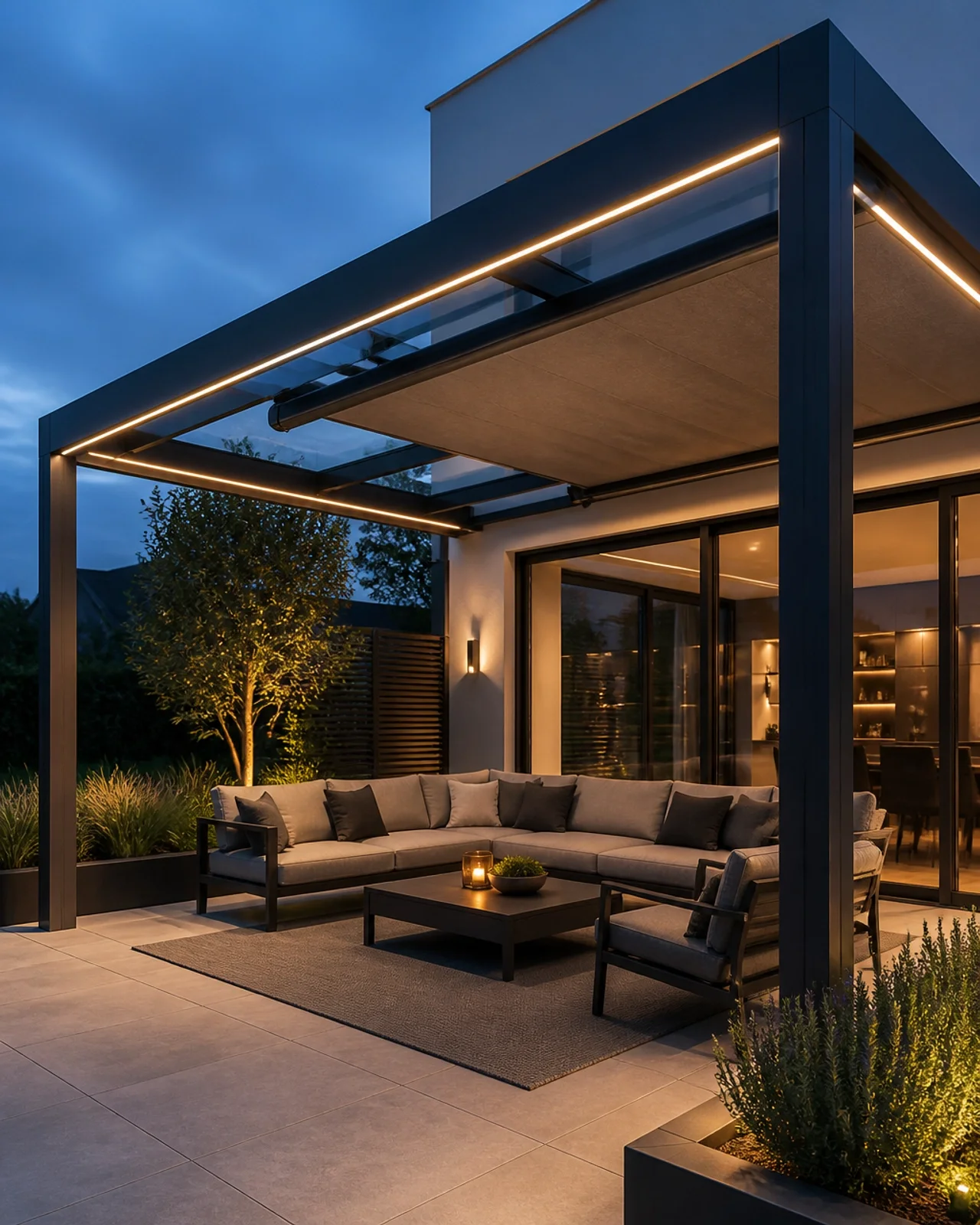 Modernes Glassystem mit integrierter Beschattung und LED-Beleuchtung
