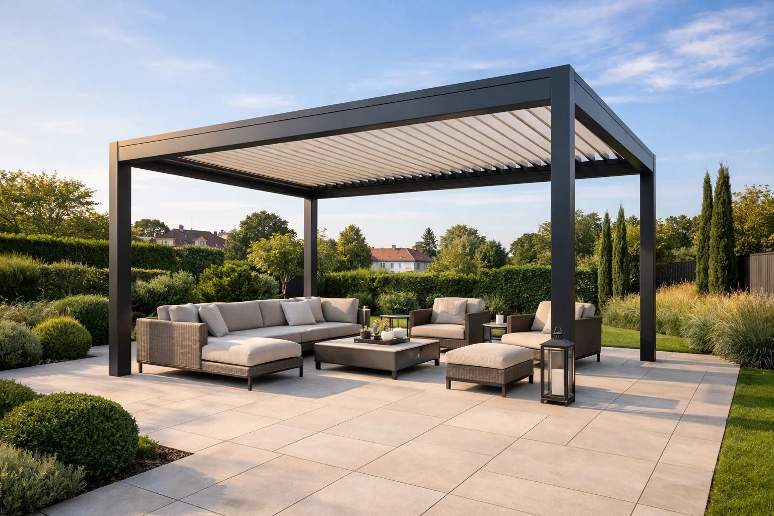 Exklusive Terrassenüberdachung in Wien als freistehendes Lamellendach im modernen Garten-Design.