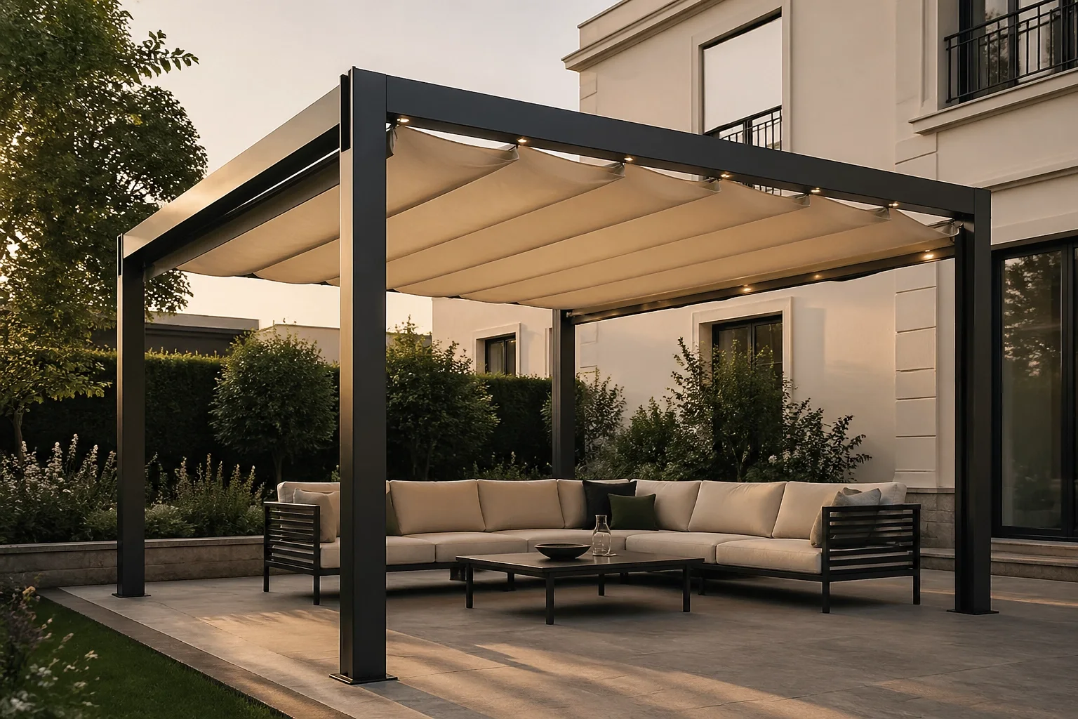 Moderne Pergola in Wien mit cremefarbenem Stoffdach und anthrazitfarbenem Aluminiumgestell.