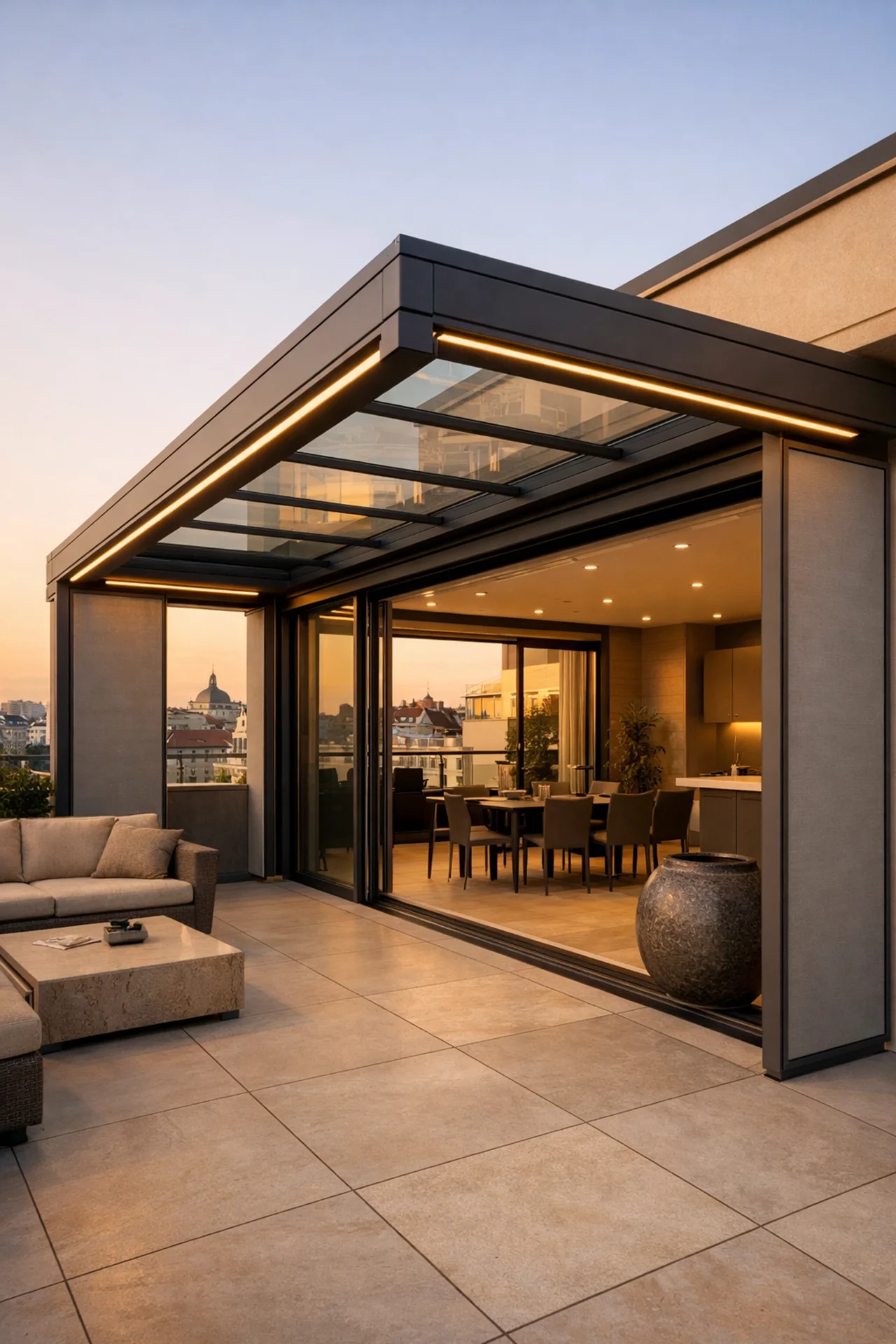 Terrassenüberdachung Wien mit LED-Beleuchtung und ausfahrbaren Seitenelementen