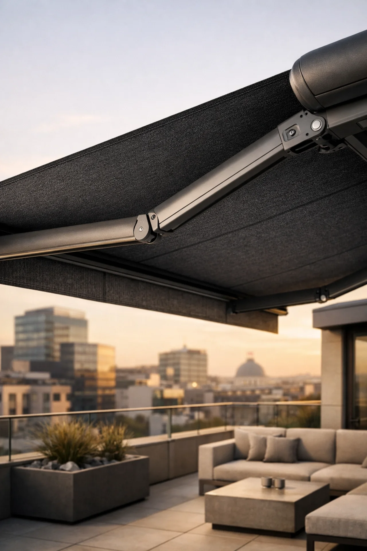 Moderne Gelenkarmmarkise in Anthrazit auf einer Wiener Dachterrasse für optimalen Sonnenschutz