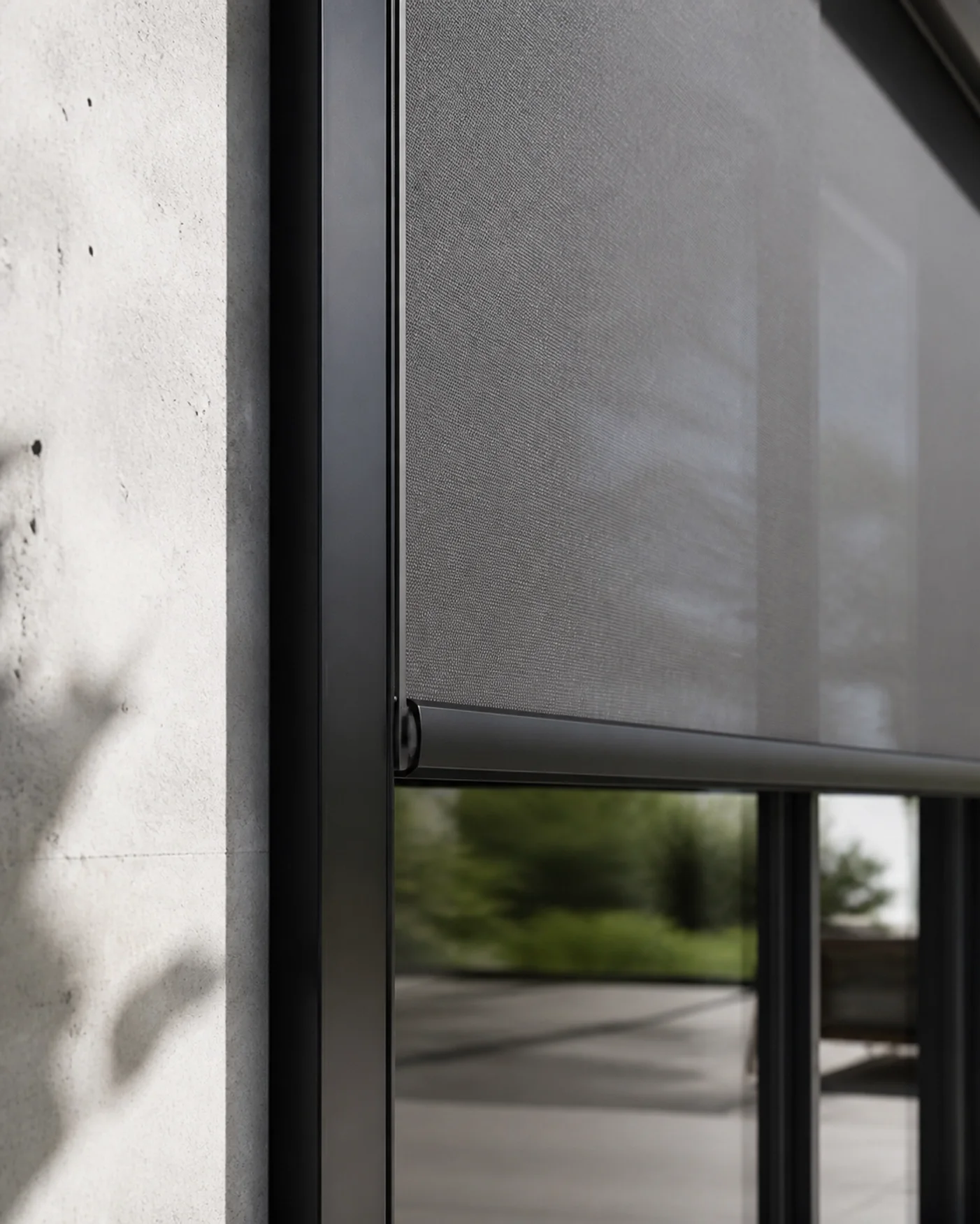 Moderner Zip Screen in Wien mit nahtloser Führungsschiene und transparentem Gewebe.