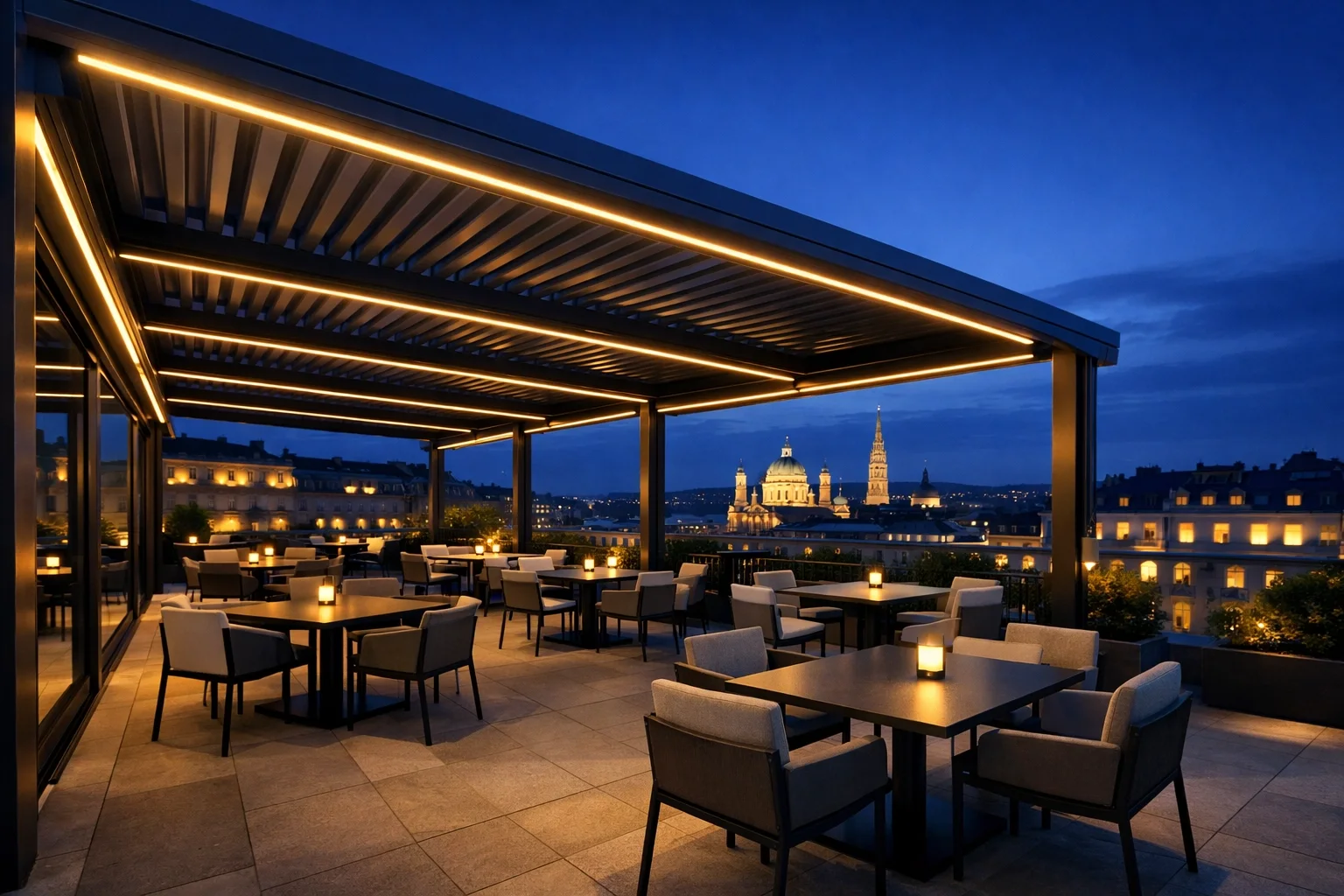 Beleuchtete Terrassenüberdachung für die Gastronomie in Wien bei Dämmerung.
