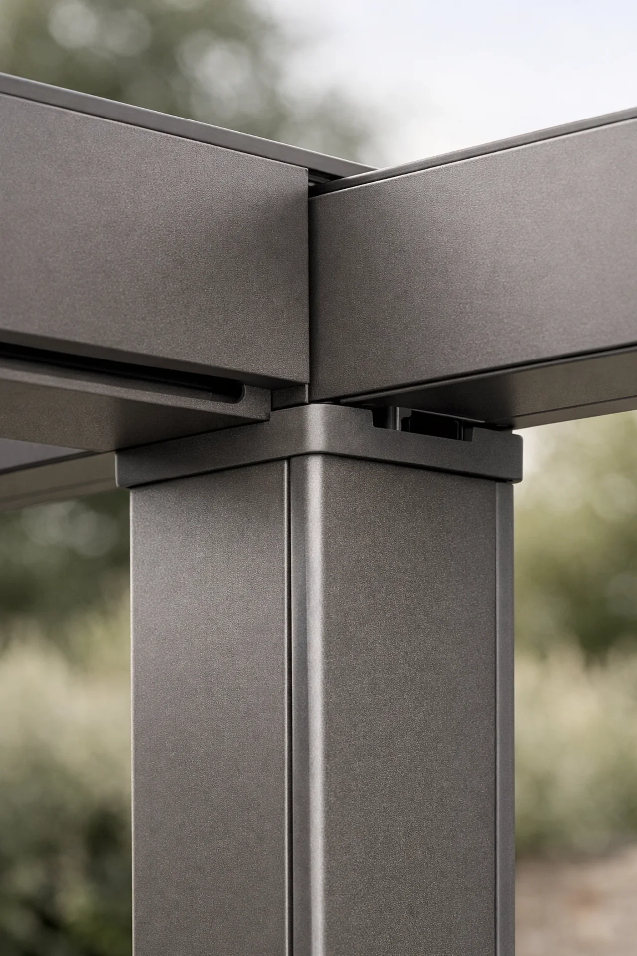 Detailaufnahme einer hochwertigen Pergola aus Aluminium mit unsichtbarer Entwässerung im Pfosten.