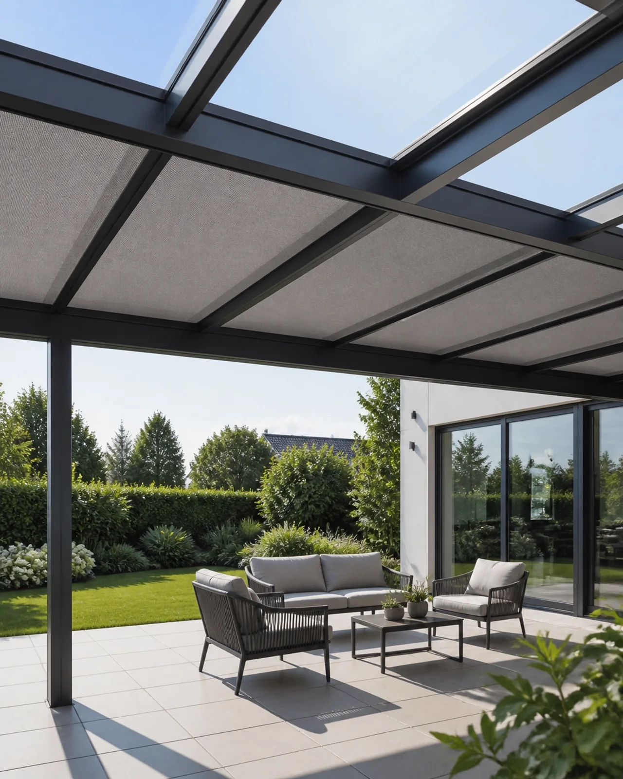 Modernes Glasdach mit integrierter Markise