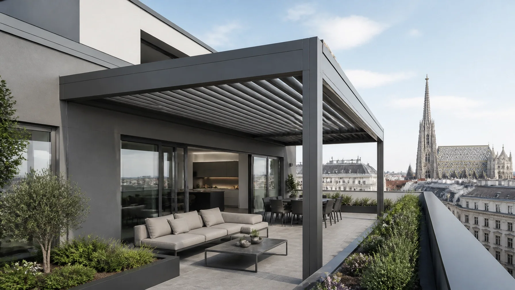 Modernes Lamellendach auf einer Wiener Dachterrasse