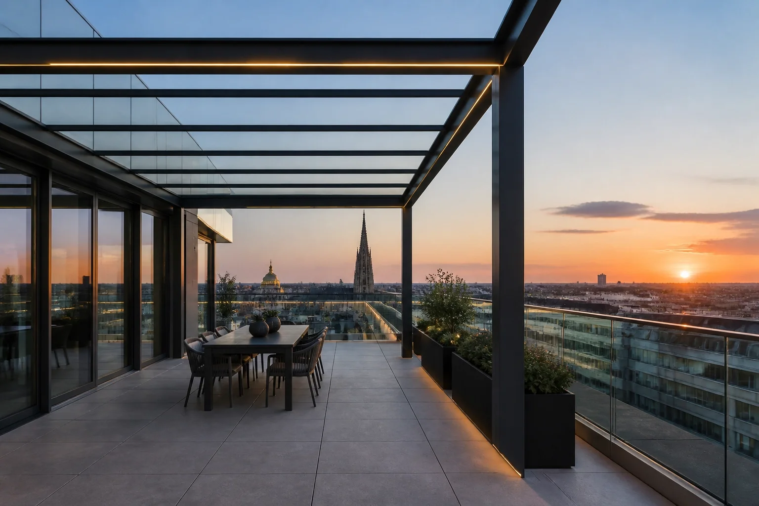 Exklusive Terrassenüberdachung Wien auf einer Dachterrasse mit Blick auf die Skyline bei Sonnenuntergang.