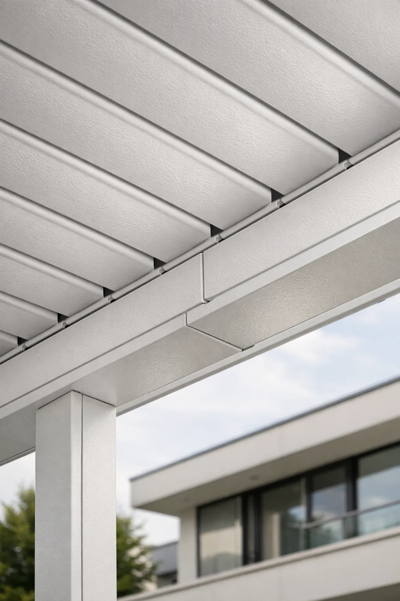 Lamellendach Wien – Aluminium-System mit geschlossenen Lamellen für Regenschutz
