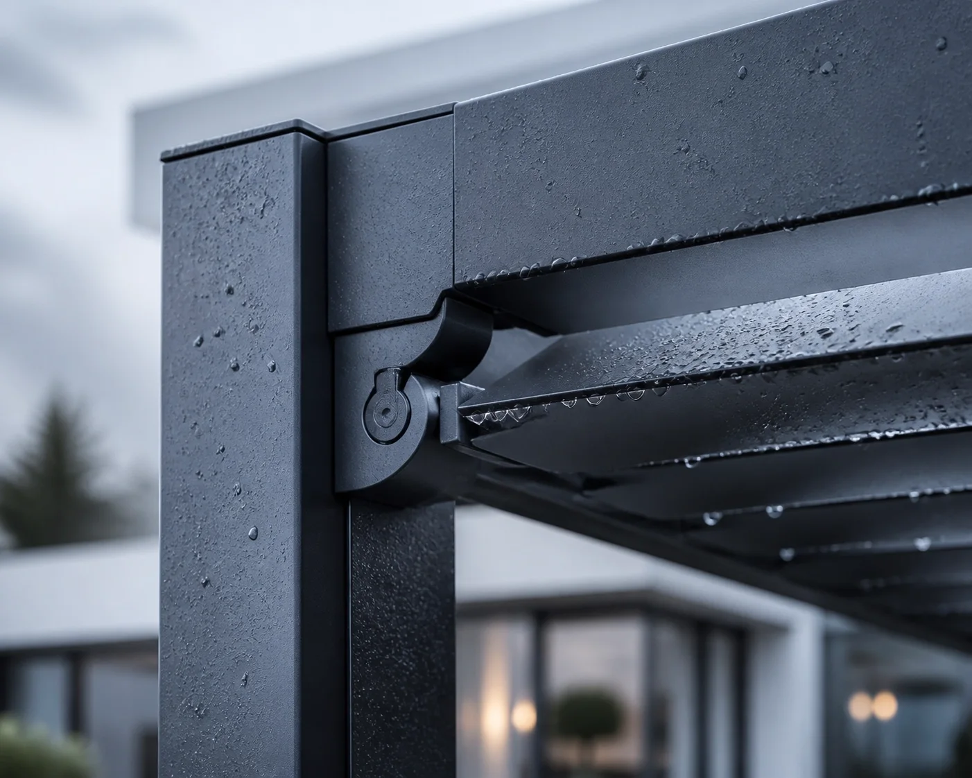 Detailansicht der hochwertigen Aluminium-Lamellen einer wetterfesten Terrassenüberdachung in Wien.
